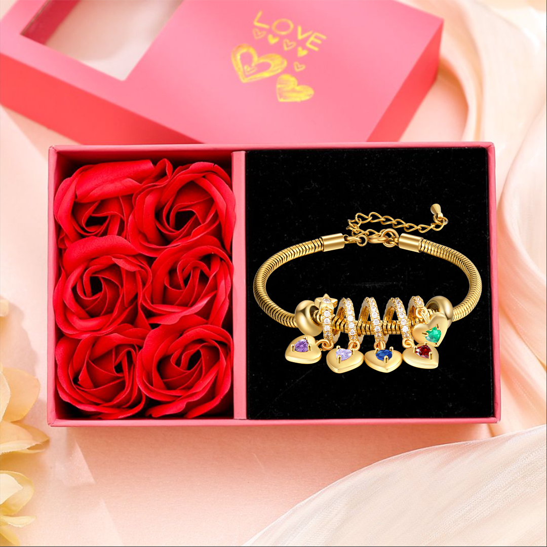 Bracelet Personnalisé avec 5 Prénoms et Pierres de Naissance Bracelet Pendentif Coeur Personnalisable Avec Coffret | Jessemade