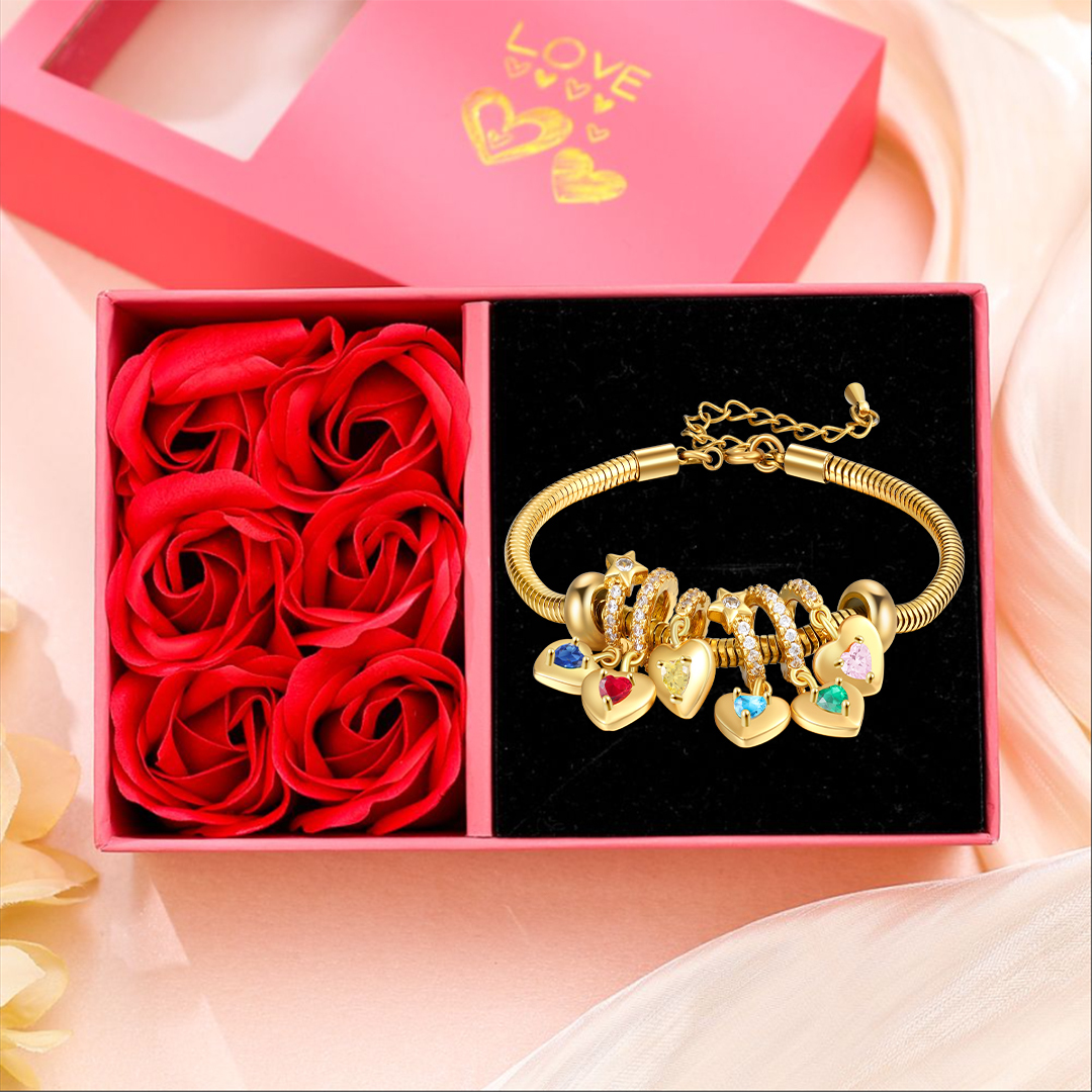 Bracelet Personnalisé avec 6 Prénoms et Pierres de Naissance Bracelet Pendentif Coeur Personnalisable Avec Coffret | Jessemade