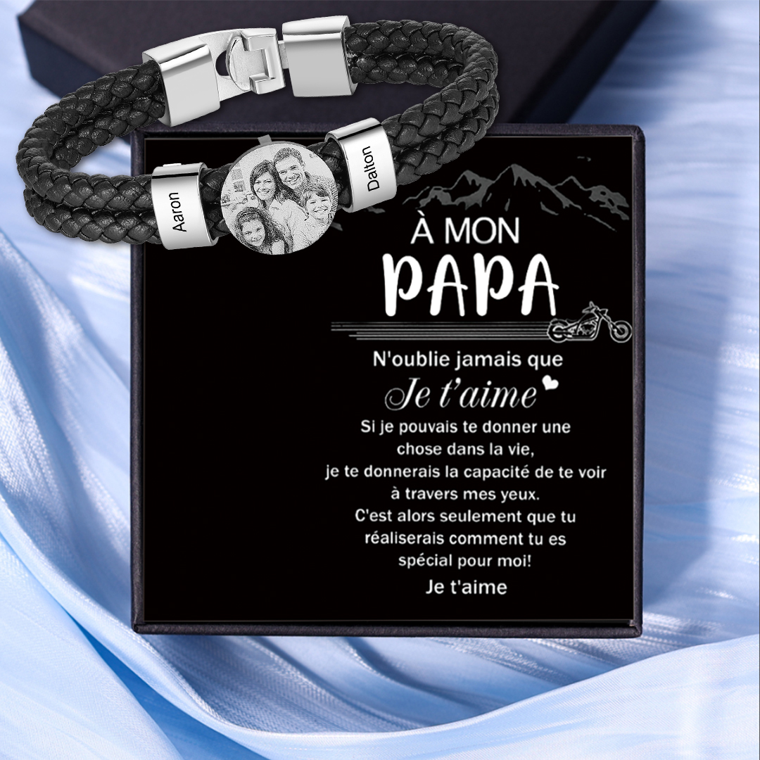 À Mon Papa-Bracelet Photo Personnalisé avec 2 Prénoms Bracelet en Cuir avec Cadeau Coffret｜Jessemade