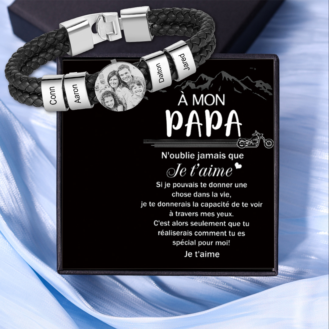 À Mon Papa -  Bracelet Photo Personnalisé avec 4 Prénoms Bracelet en Cuir｜Jessemade