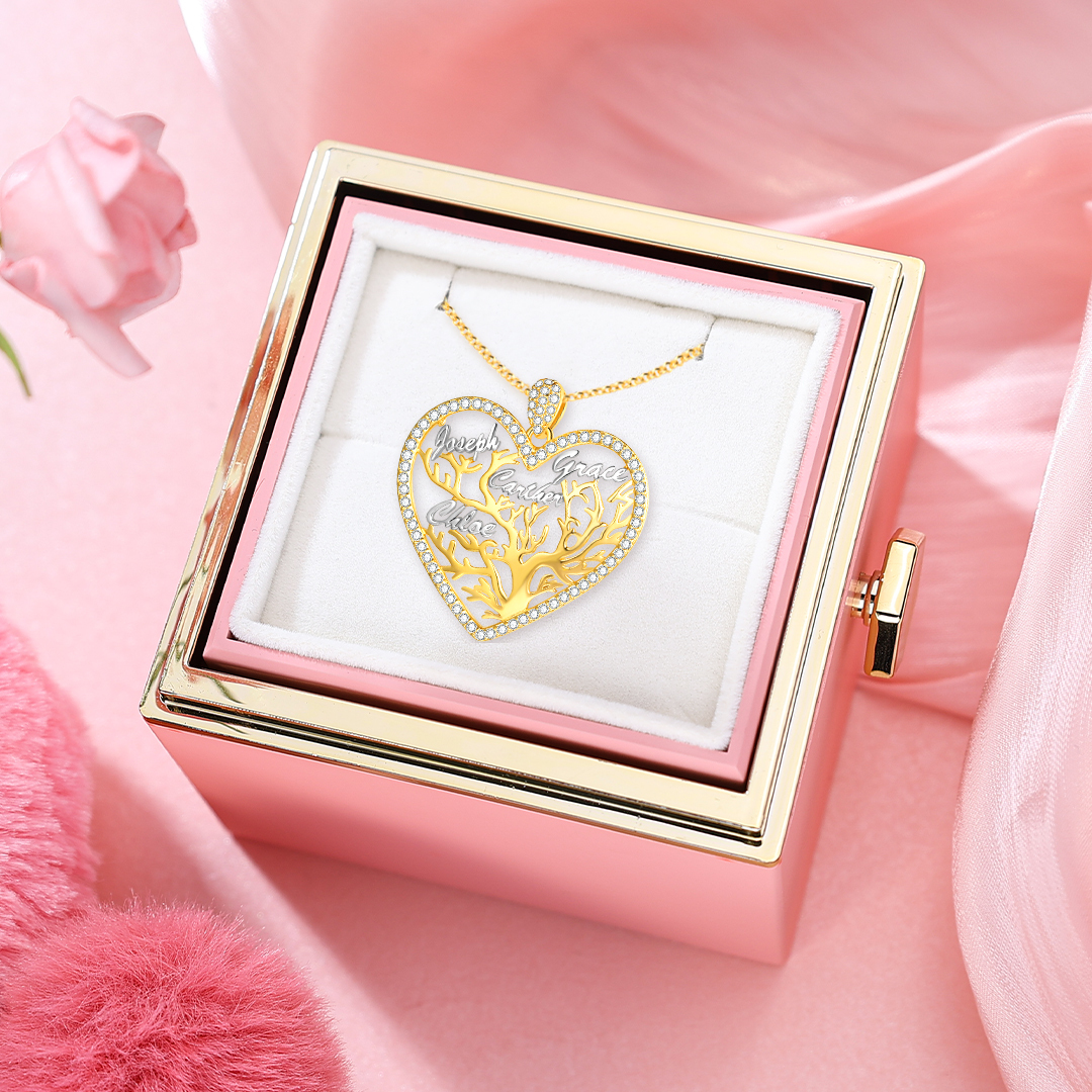 À Ma Maman - Collier Pendentif Arbre de vie Arbre généalogique 4 prénoms Avec Coffret Rose | Jessemade