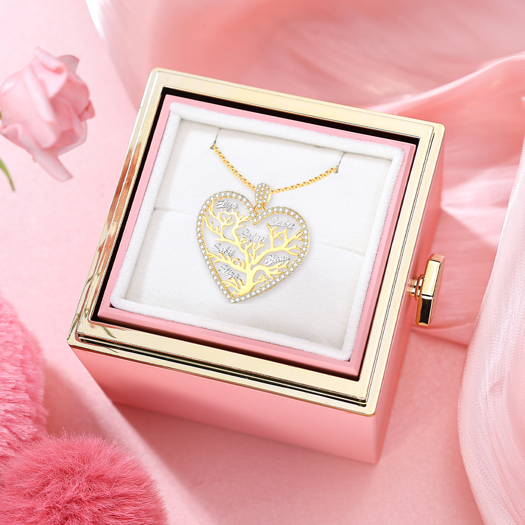 À Ma Maman-Collier Pendentif Arbre de vie Arbre généalogique 6 Prénoms Personnalisés Avec Coffret Rose | Jessemade