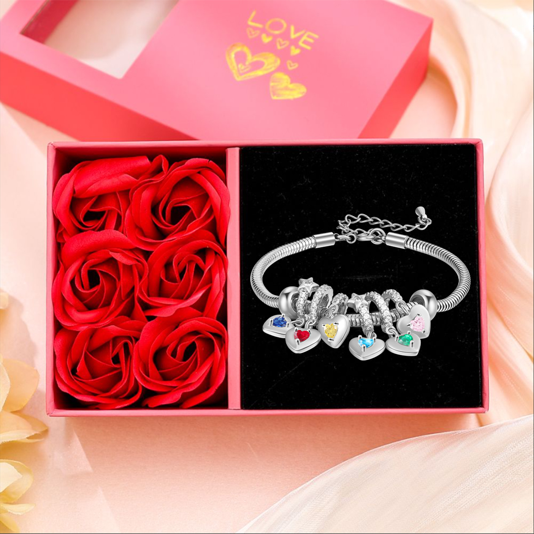 Bracelet Personnalisé avec 6 Prénoms et Pierres de Naissance Bracelet avec pendentif en forme de coeur Avec Coffret | Jessemade