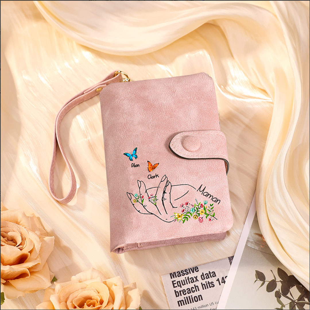 À Maman/Mamie Portefeuille Personnalisé Poudré avec 3 Prénoms et Papillons Porte-Monnaie Carte Rose | Jessemade