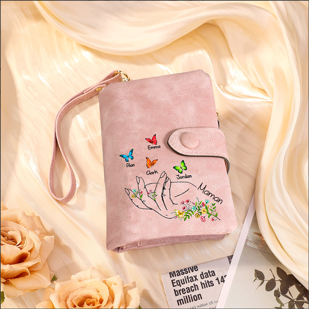 À Maman/Mamie Portefeuille Personnalisé Poudré avec 5 Prénoms et Papillons Porte-Monnaie Carte Rose | Jessemade