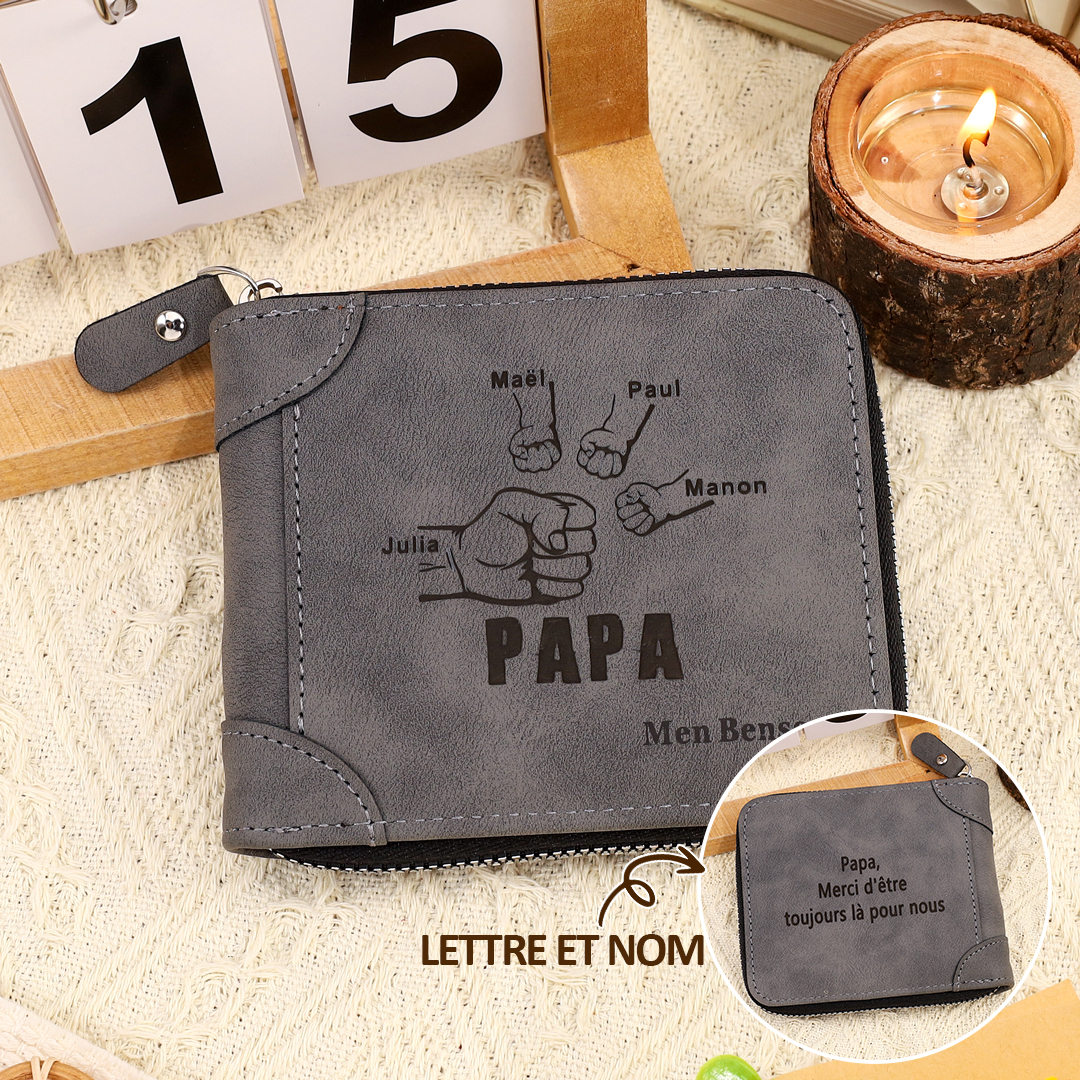 À mon Papa-Portefeuille Poings 3 Prénoms Personnalisée avec Texte Classique Homme Porte-Monnaie Carte