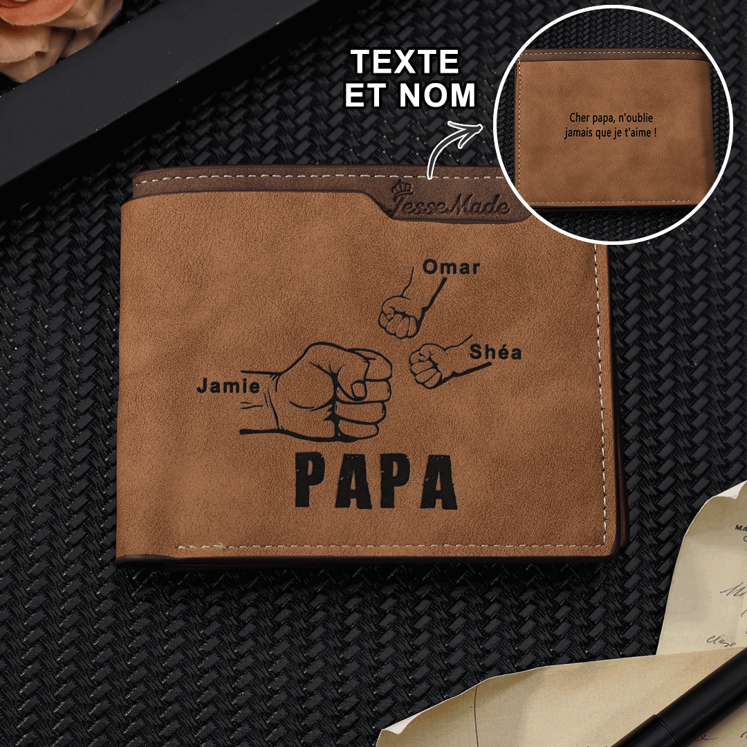 À mon Papa-Portefeuille Poings 3 Prénoms Personnalisés avec Texte et Photo Classique Homme