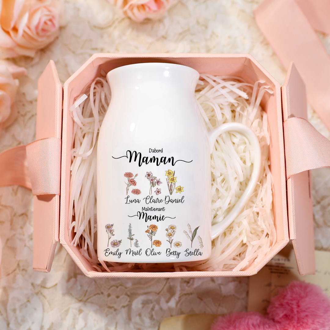 Vase Personnalisé avec 2-10 Prénoms et Fleurs de Naissance Vase en Céramique Déco pour Maman/Mamie | Jessemade