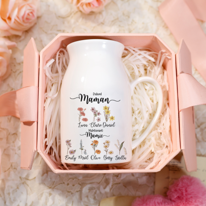 Vase Personnalisé avec 2-10 Prénoms et Fleurs de Naissance Vase en Céramique Déco pour Maman/Mamie | Jessemade