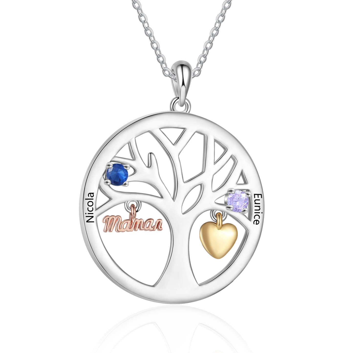 Collier Cœur Personnalisé avec 2 Prénoms et 2 Pierres de Naissance | Jessemade