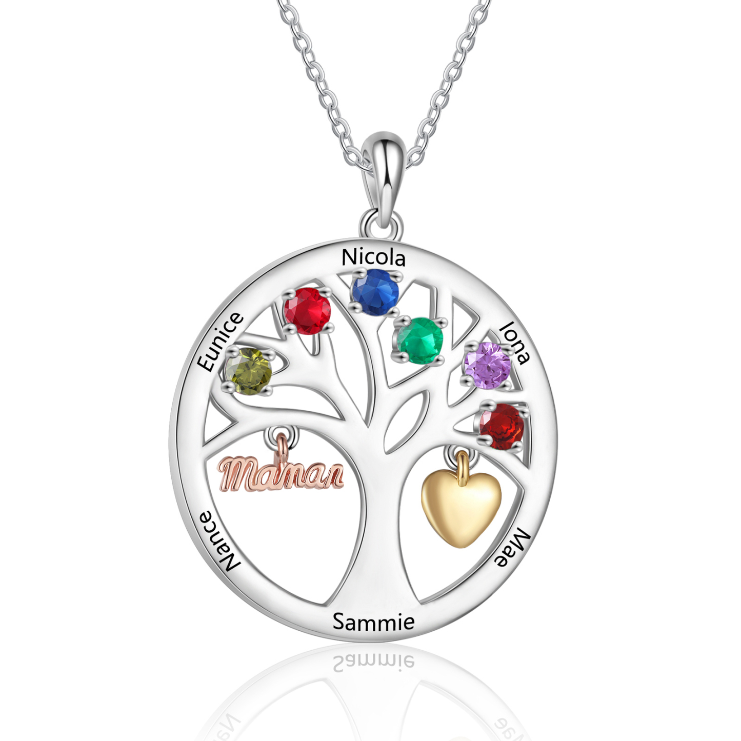 Collier Cœur Personnalisé avec 6 Prénoms et 6 Pierres de Naissance | Jessemade