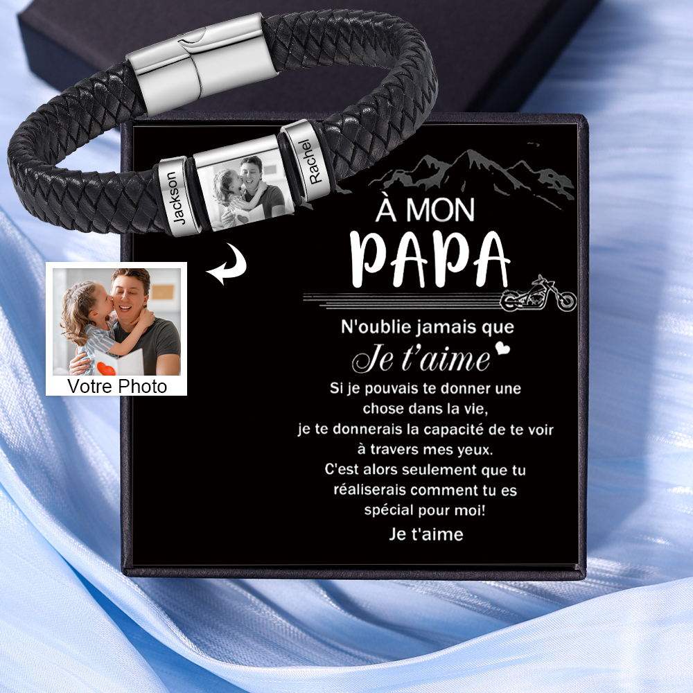 Bracelet Personnalisé avec 2 Prénoms et 1 Photo Bracelet Homme Personnalisé en Cuir｜Jessemade