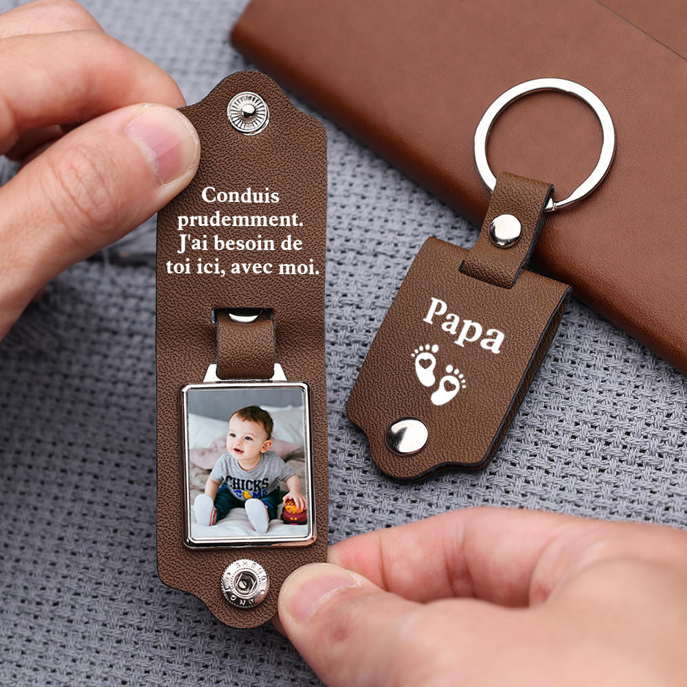 À mon Papa - Porte-Clés en Cuir PU personnalisé avec 2 Textes et Photo | Jessemade
