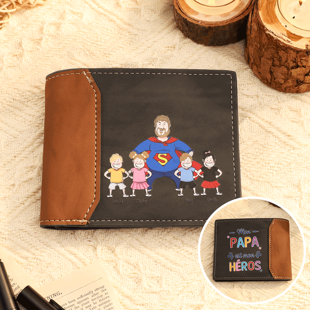 Portefeuille avec Motif Super Papa Personnalisé 1-4 Prénoms et 1 Letttre- Portefeuille Homme pour Papa | Jessemade