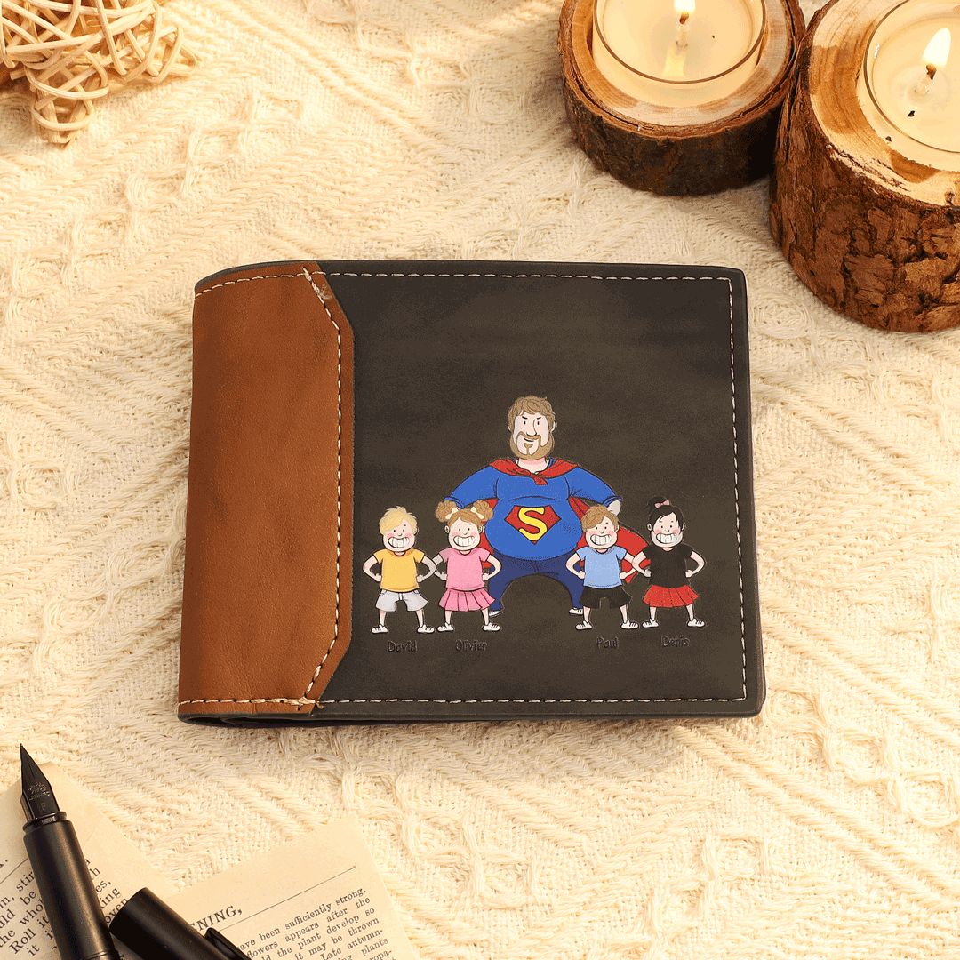 Portefeuille avec Motif Super Papa Personnalisé 1-4 Prénoms et 1 Letttre- Portefeuille Homme pour Papa | Jessemade