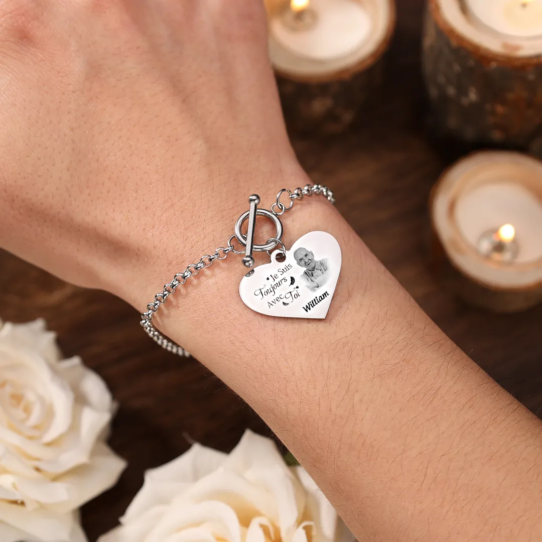 Bracelet avec Cœur Breloque personnalisé en acier inoxydable avec photo et prénom Cadeau commémoratif | Jessemade