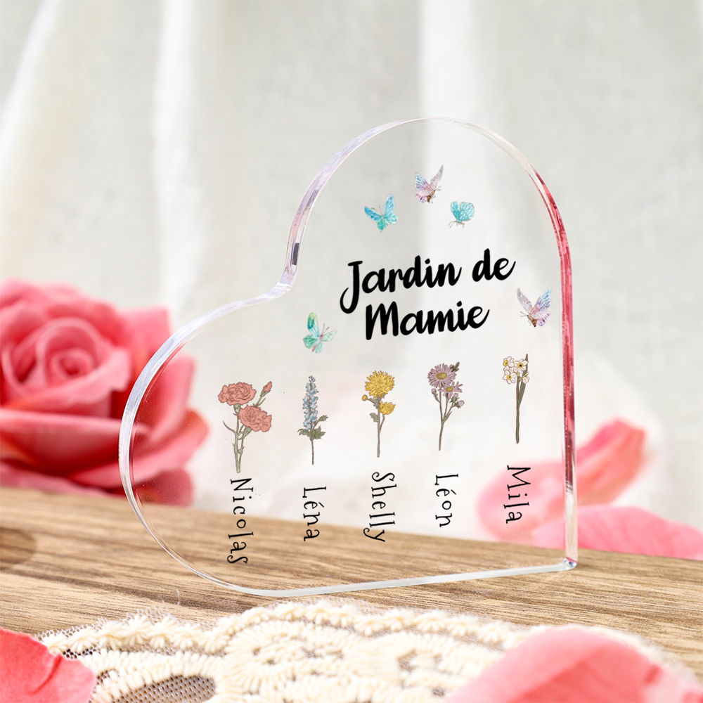 Plaque Acrylique en Forme de Cœur 1-6 Prénoms Personnalisés Jardin de Mamie