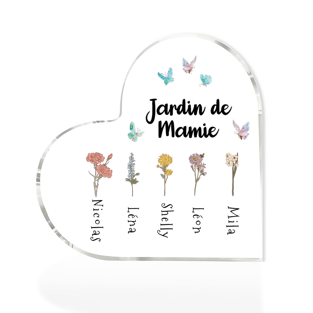 Plaque Acrylique en Forme de Cœur 1-6 Prénoms Personnalisés Jardin de Mamie