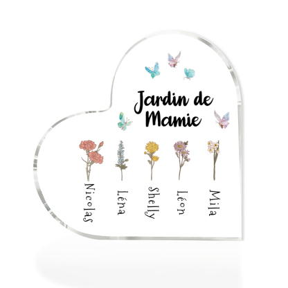 Plaque Acrylique en Forme de Cœur 1-6 Prénoms Personnalisés Jardin de Mamie