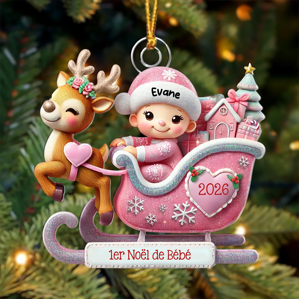 Décoration Sapin Noël Personnalisée en forme de Traîneau - 1er Noël de Bébé (Design imprimé – non 3D)