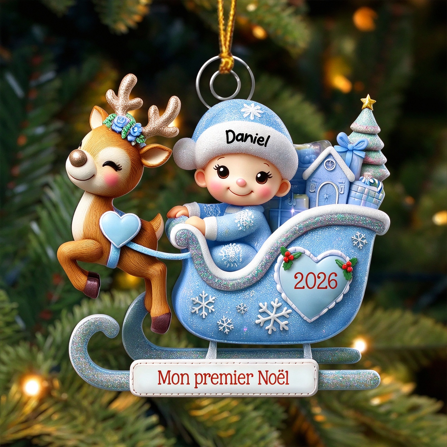 Décoration Sapin Noël Personnalisée en forme de Traîneau - 1er Noël de Bébé (Design imprimé – non 3D)
