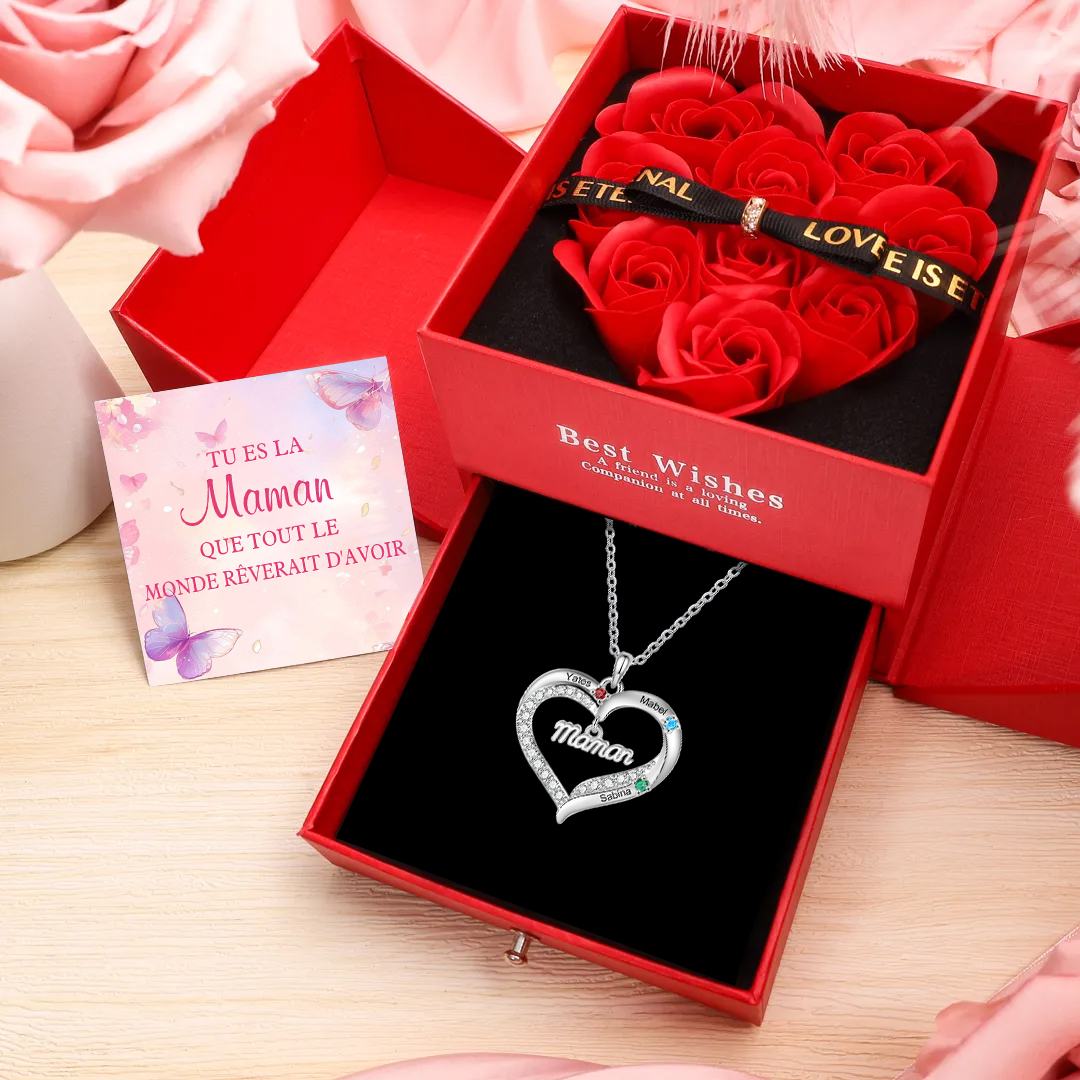Collier Cœur Personnalisé pour Maman avec Pierres de Naissance et 2 à 5 Prénoms