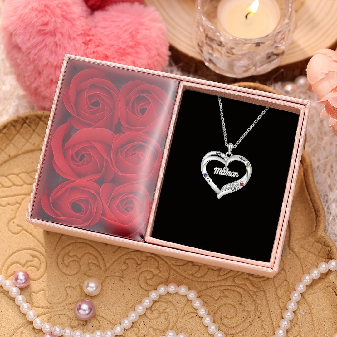 Collier cœur personnalisé pour maman avec 2 à 5 prénoms et pierres de naissance, cadeau de fête des mères et de Noël personnalisé pour maman ou mamie de la part des enfants