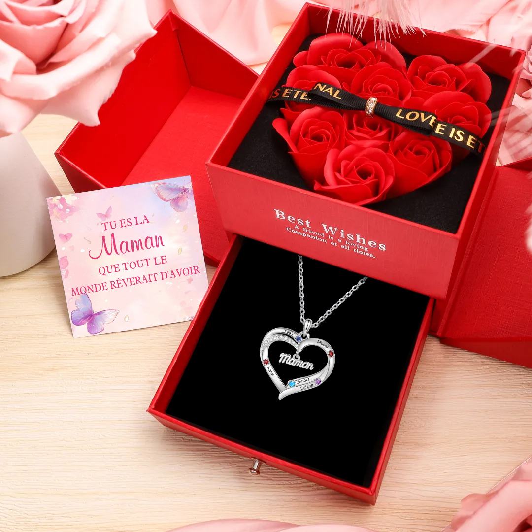 Collier Cœur Personnalisé pour Maman avec Pierres de Naissance et 2 à 5 Prénoms