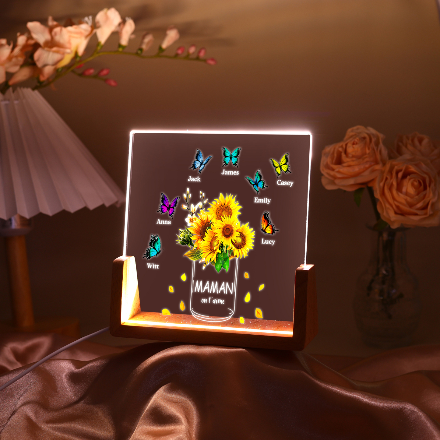 À Maman/Mamie - Lampe de chevet LED Tournesol 7 Prénoms Personnalisés avec 2 Textes pour Famille