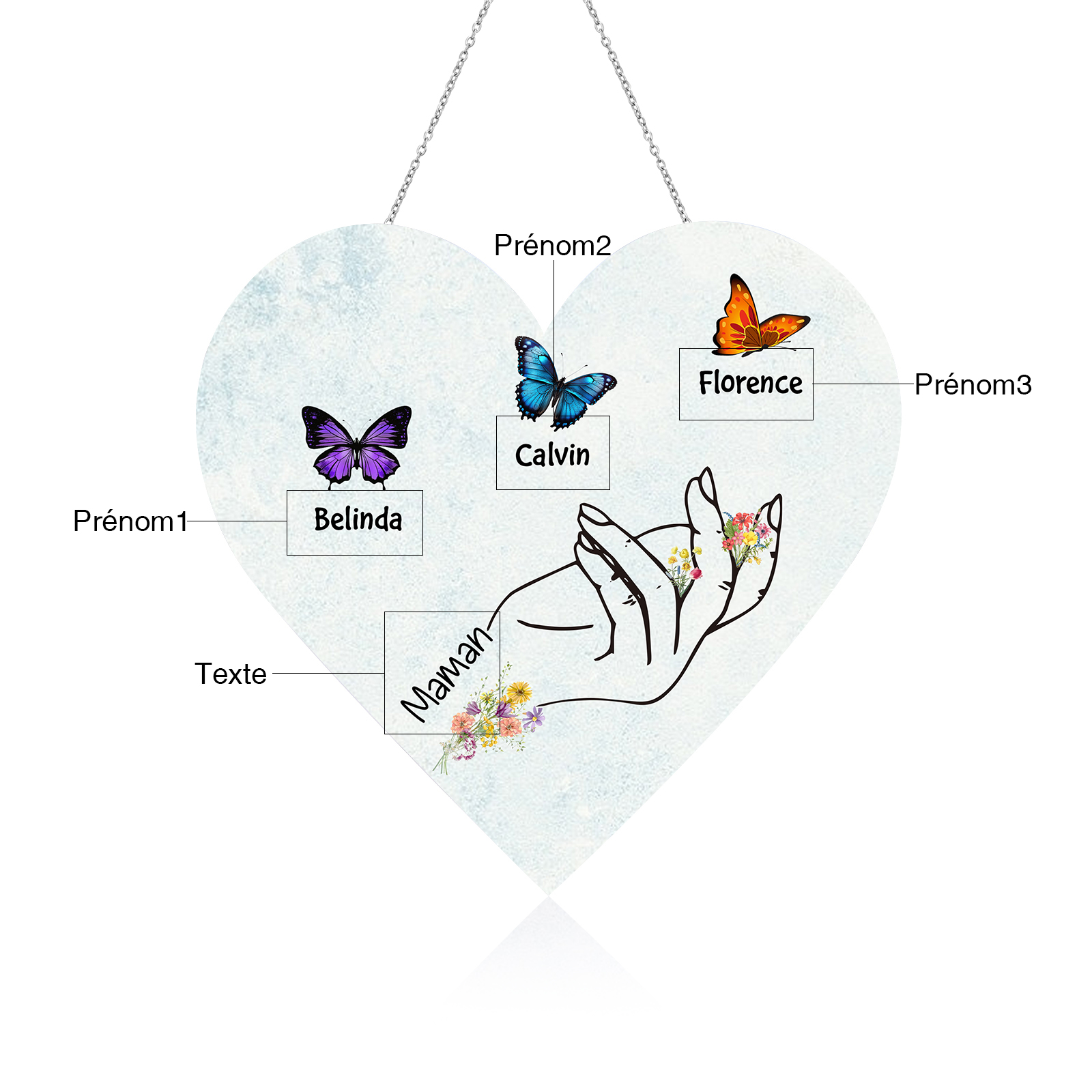 À Maman/Mamie - Veilleuse Cœur Décoration Main et Papillon 3 Prénoms Personnalisés avec 1 Texte