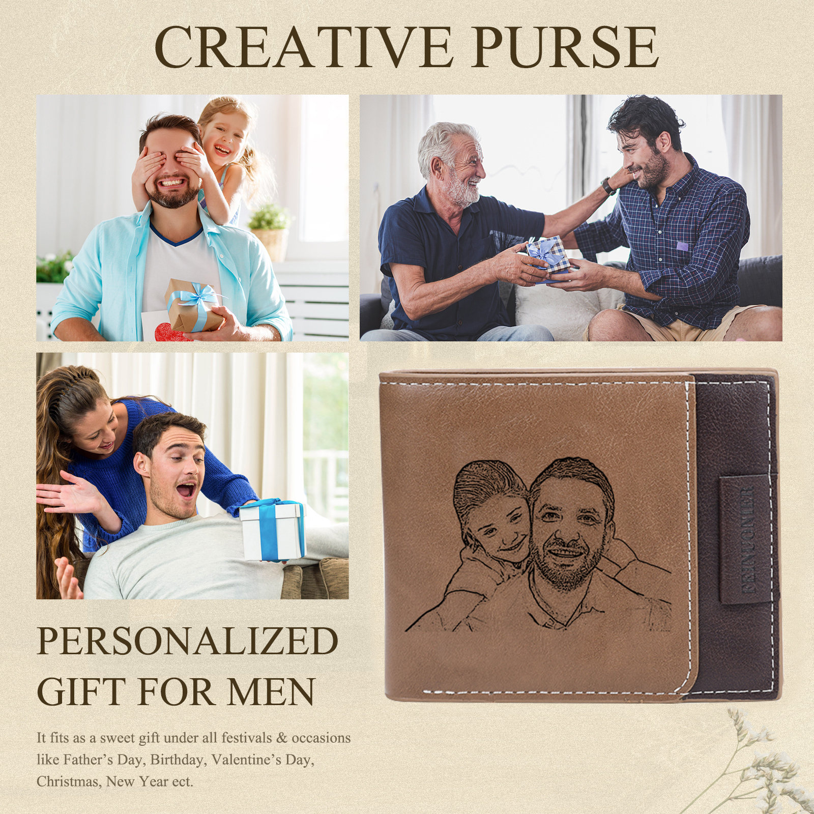 Coffret Cadeau 3PCS - Portefeuille classique Porte-Clés et Stylo 1 Prénom et Lettre Personnalisés avec 2 Photos et Textes Coffret Cadeau pour Homme