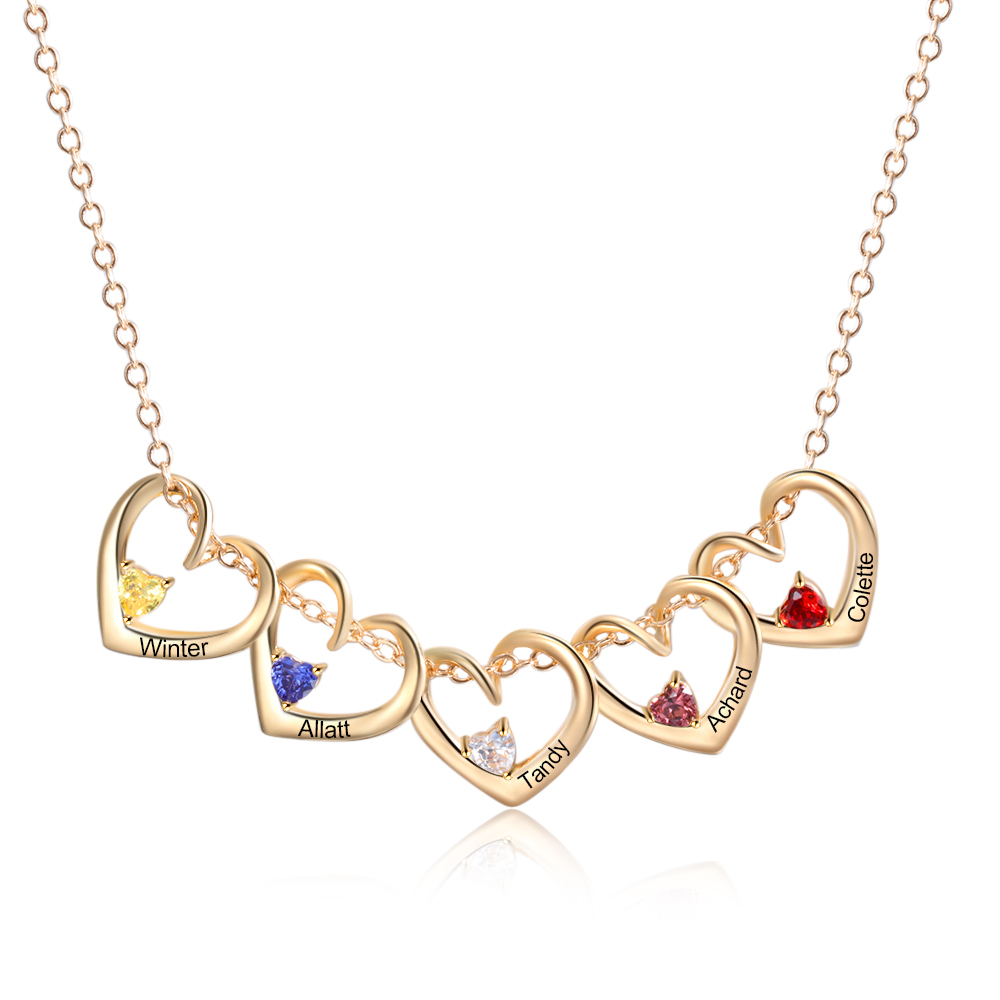 Collier Pendentif Cœur 5 Prénoms Personnalisés avec Pierre de Naissance Collier Femmes | Jessemade