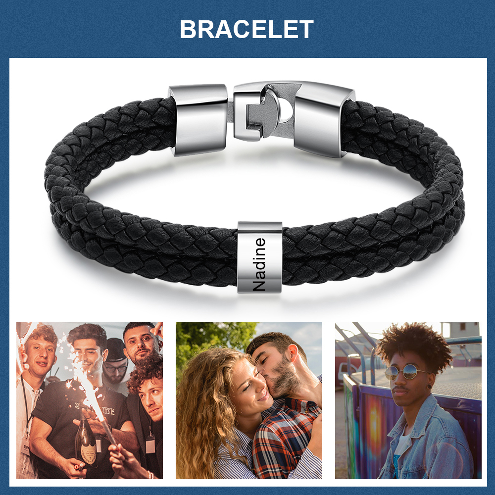 Bracelet Cuir tressé 1 Perles Prénom Personnalisé Bracelet Homme
