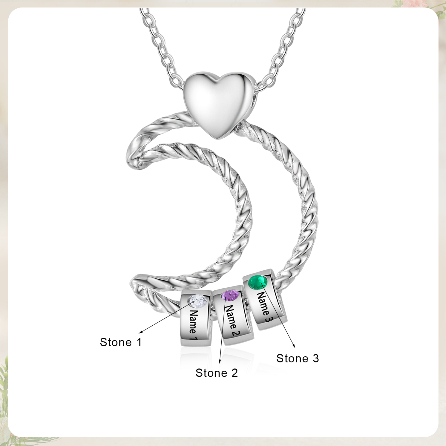 Collier Pendentif Lune 3 Prénoms et Perles Personnalisés avec Pierres de Naissance Collier Femmes