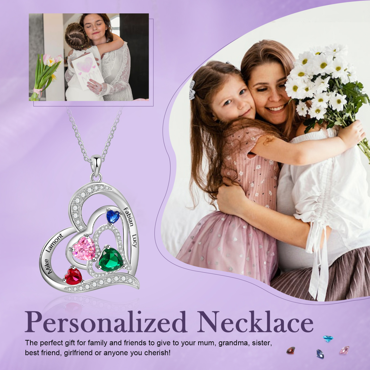 Collier Pendentif Cœur 4 Prénoms Personnalisés avec 4 Pierres de Naissance Collier Femmes