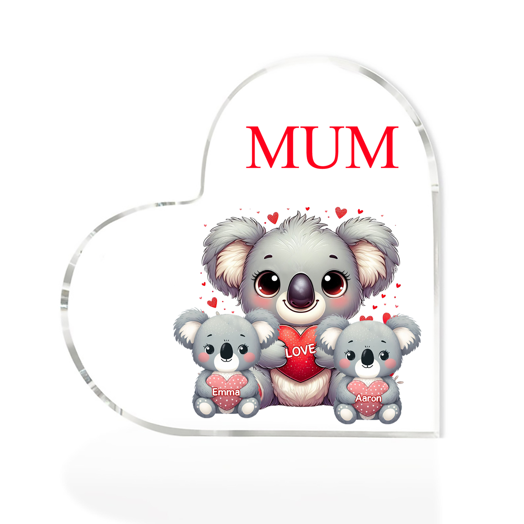 À ma Maman/Mamie - Plaque Acrylique en Forme de Cœur Koala 2 Prénoms Personnalisés avec 1 Texte