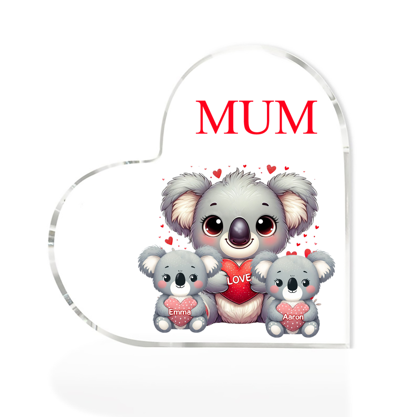 À ma Maman/Mamie - Plaque Acrylique en Forme de Cœur Koala 2 Prénoms Personnalisés avec 1 Texte