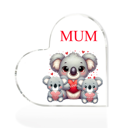 À ma Maman/Mamie - Plaque Acrylique en Forme de Cœur Koala 2 Prénoms Personnalisés avec 1 Texte