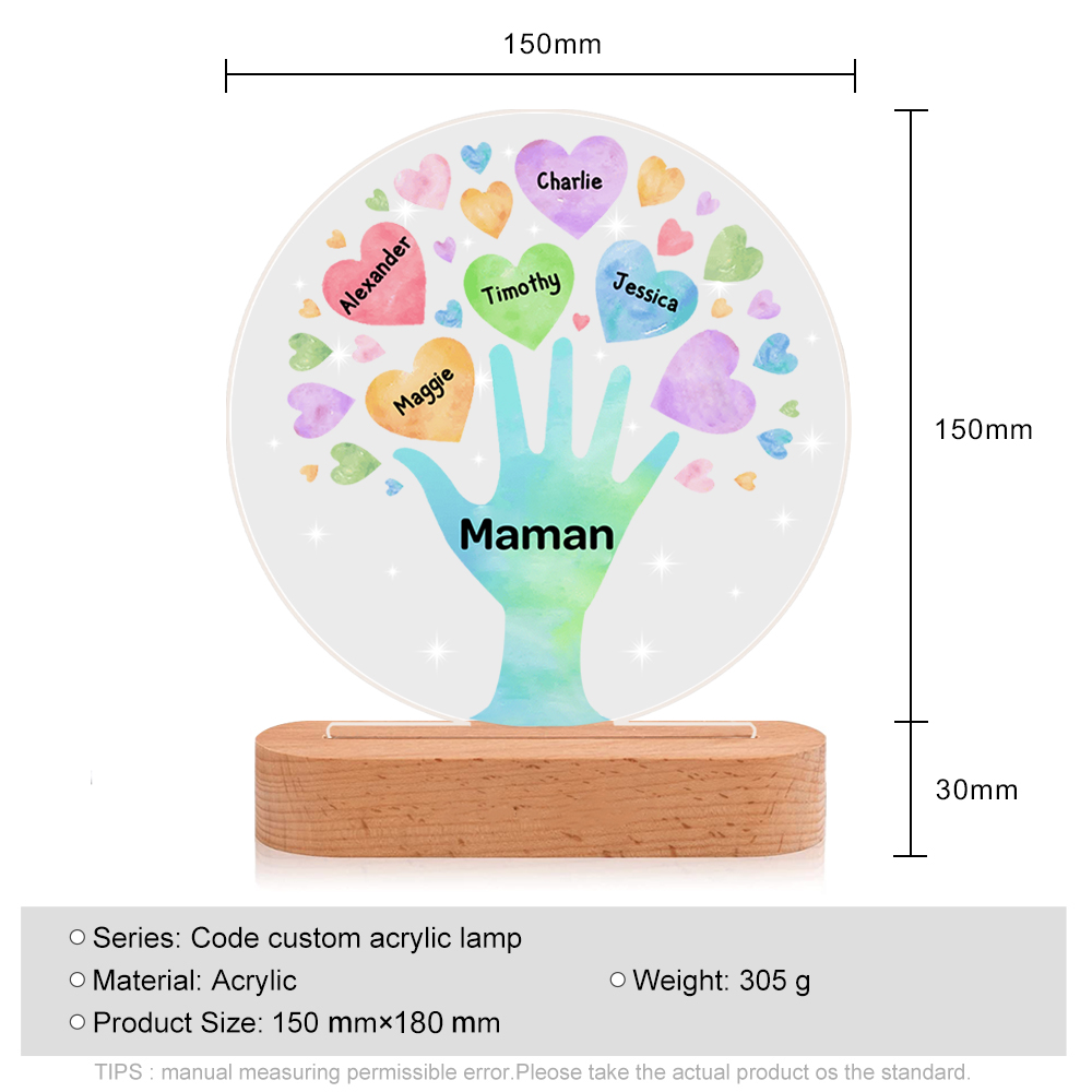 À Maman/Mamie - Lampe de chevet LED Lumières Cœur 5 Prénoms Personnalisés avec 1 Texte pour Famille