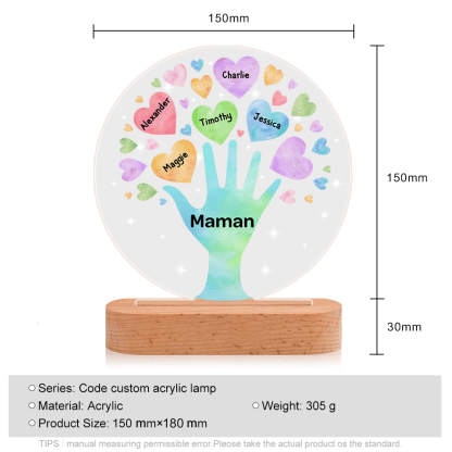 À Maman/Mamie - Lampe de chevet LED Lumières Cœur 5 Prénoms Personnalisés avec 1 Texte pour Famille