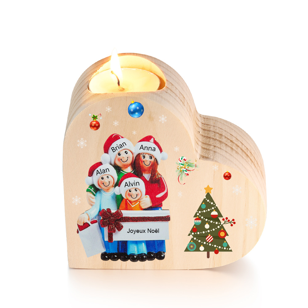 Bougeoir en Bois de Noël Poupée 4 Prénoms Personnalisés sans bougie