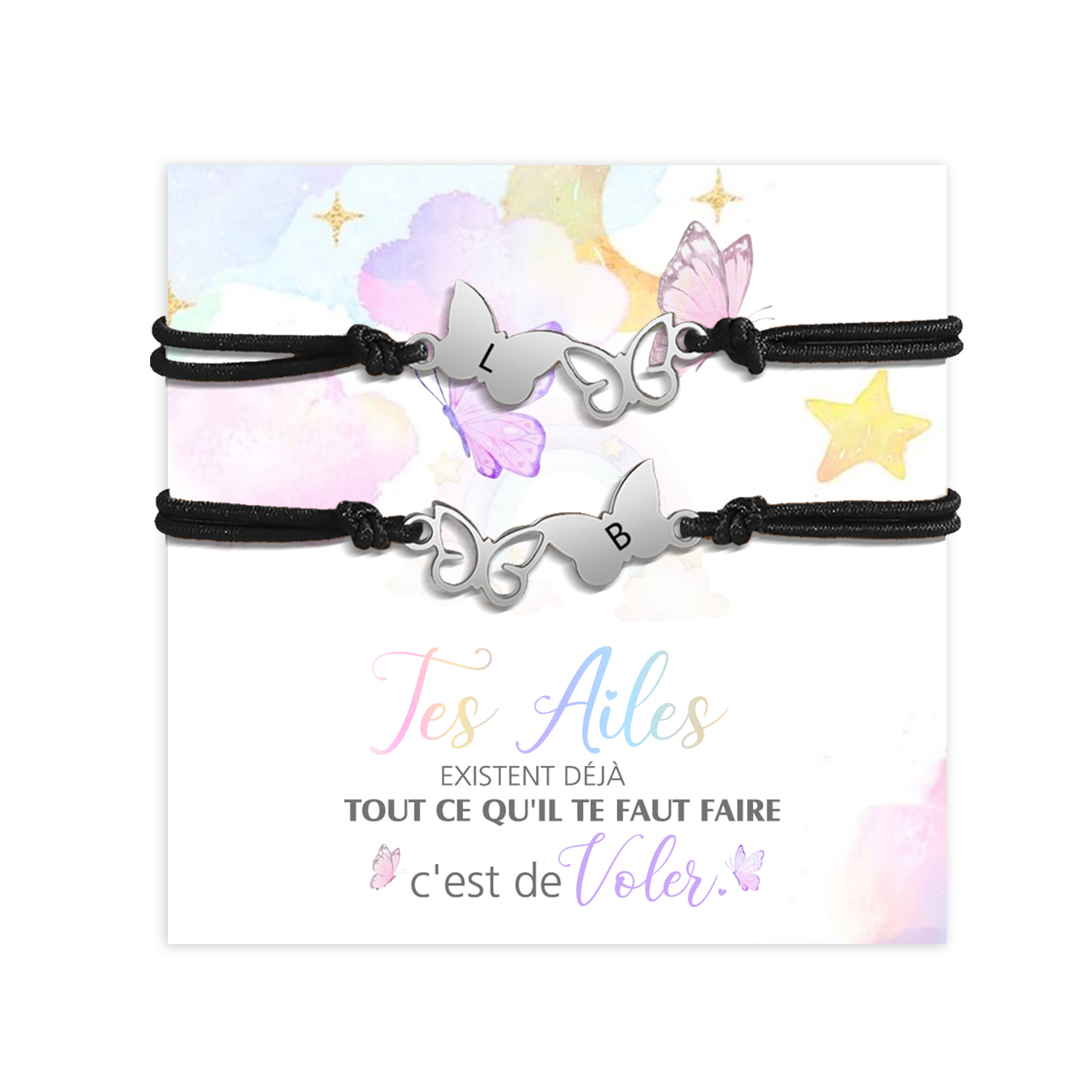 2PCS Ensemble de Bracelets Papillons 2 Lettres Personnalisées Corde élastiques - Cadeau Rentrée Scolaire