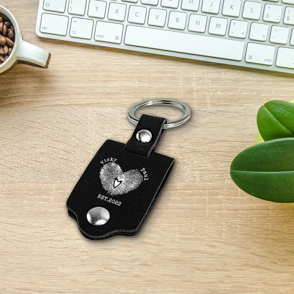 Porte-Clés Cuir 2 Prénoms et 1 Photo Personnalisés avec Date et Texte pour Couple | Jessemade