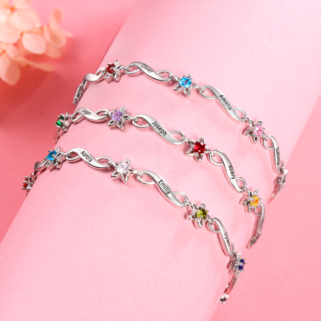 Bracelet infini à Breloque coeurs 4 Prénom Personnalisé avec 4 Pierre de Naissance