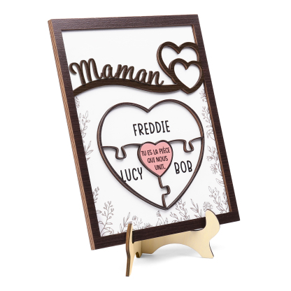À ma Maman - Décoration en bois Cœur et Puzzle 3 Prénoms Personnalisés Ornement pour Famille