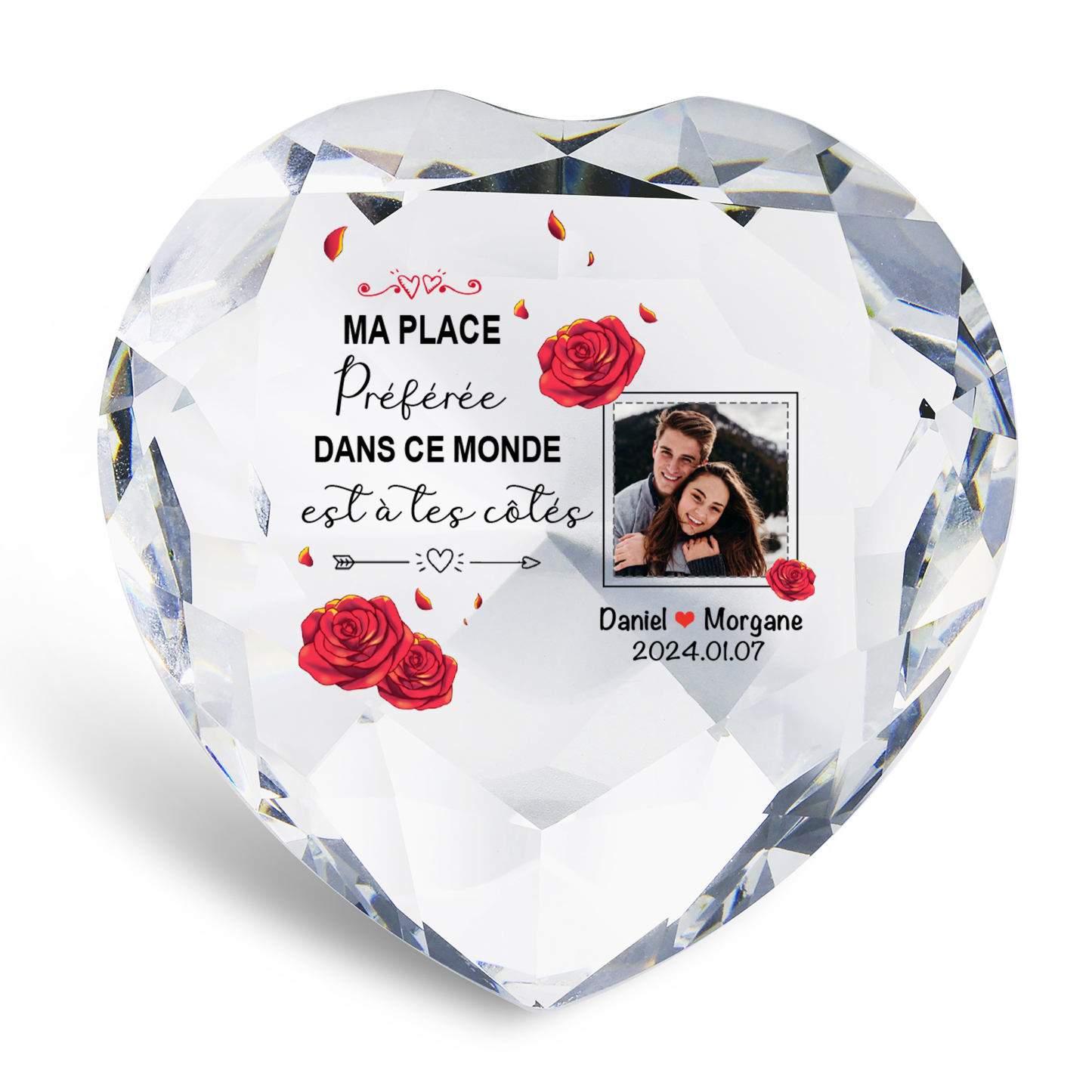 Décoration Cristal Cœur 2 Prénoms et 1 Photo Personnalisés avec Date pour Couple