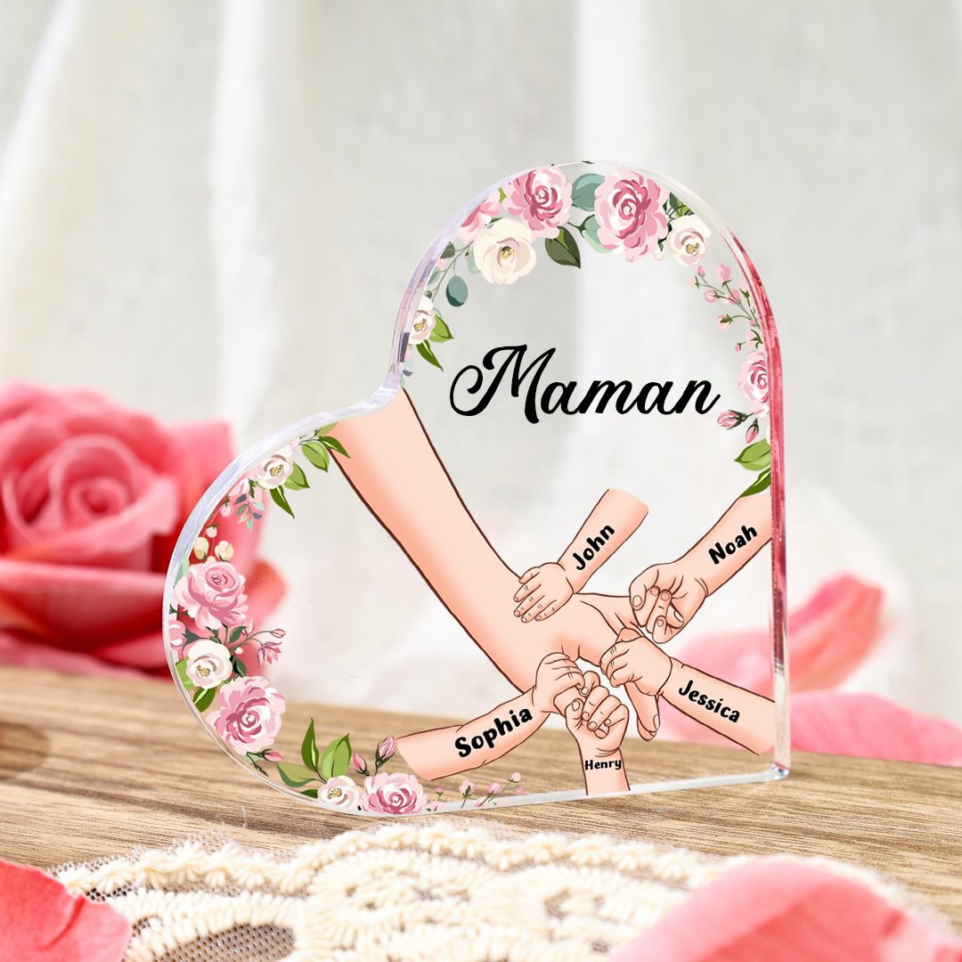 Jessemade FR Plaque Acrylique en Forme de Cœur La Main Dans La Main 5 Prénoms Personnalisés avec Texte