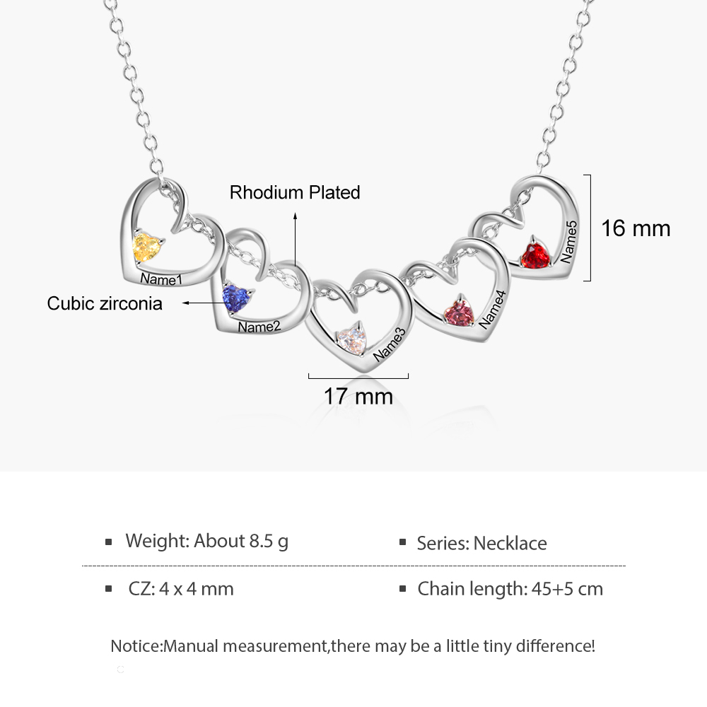 Collier Pendentif Cœur 5 Prénoms Personnalisés avec Pierre de Naissance Collier Femmes | Jessemade