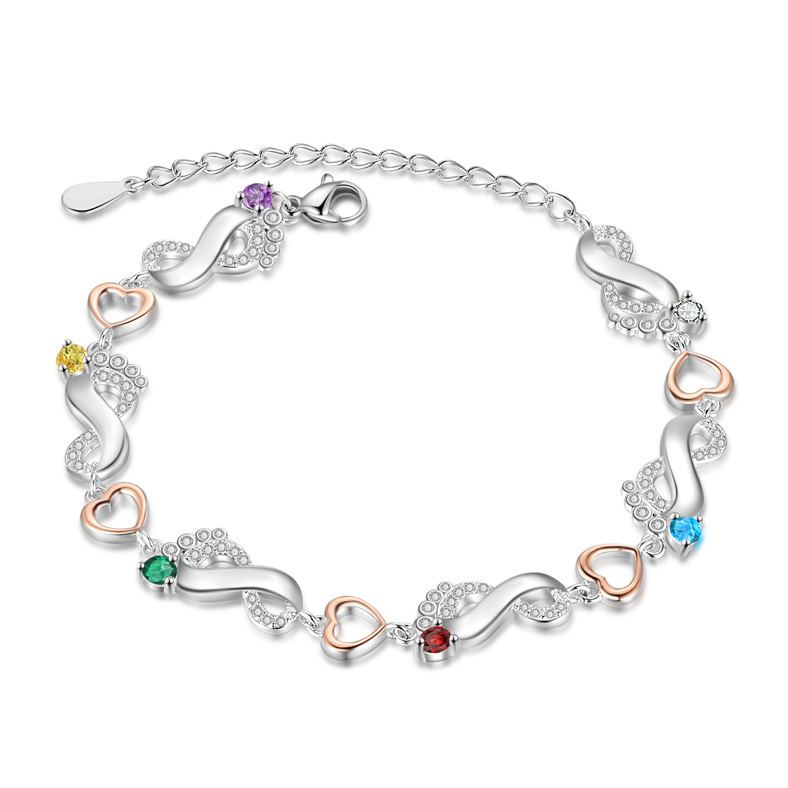 Bracelet Pied bébé et Cœur Personnalisé avec 5 Prénoms et Pierres de naissance Bracelet pour Femme | Jessemade
