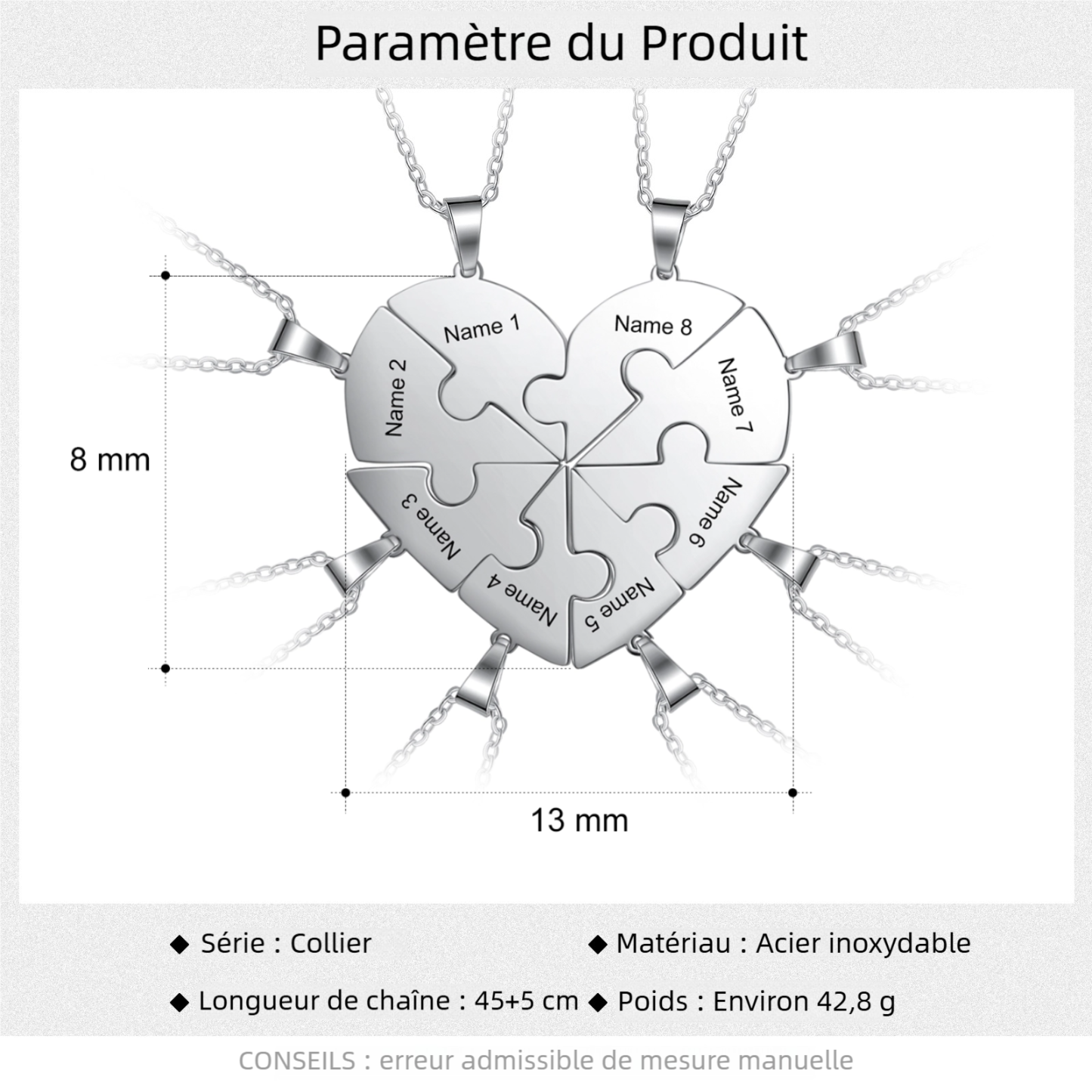 Collier Coeur Pièces de Puzzle graver 2-8 Prénoms Personnalisé